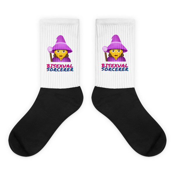 Pair of black-and-white socks with purple wizard graphics and “BISEXUAL SORCERER” text
