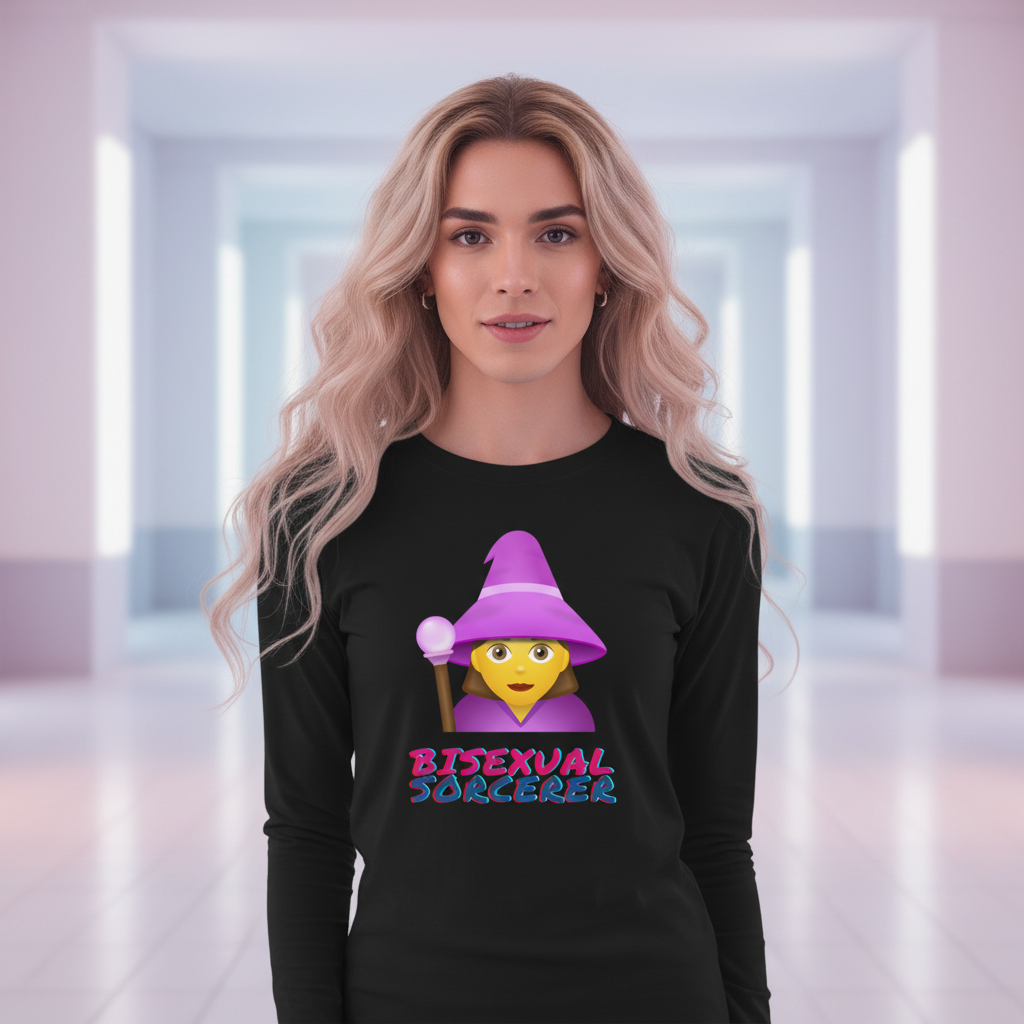 Bisexual Sorcerer unisex long sleeve T-shirt with bold, colorful “Bisexual Sorcerer” text and a cartoon emoji with purple