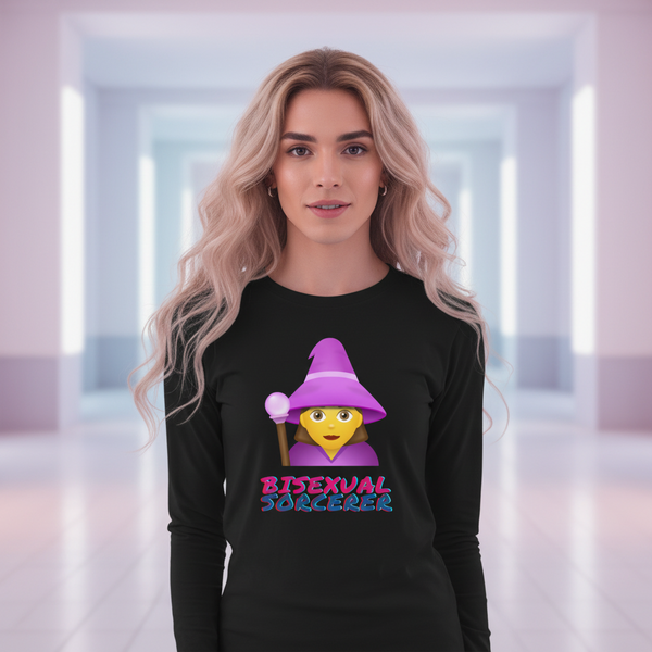 Bisexual Sorcerer unisex long sleeve T-shirt with bold, colorful “Bisexual Sorcerer” text and a cartoon emoji with purple