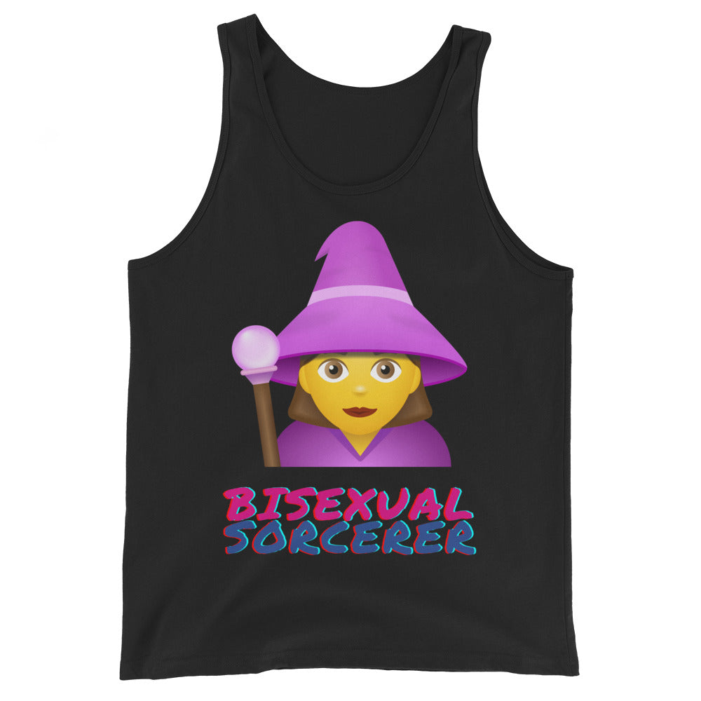 Unisex black tank top with an emoji-style person wizard in purple, staff in hand