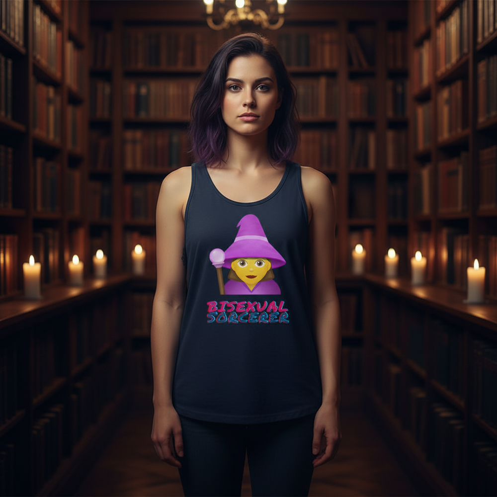 Bisexual Sorcerer Unisex Tank Top with bold “Bisexual Sorcerer” text and cartoon witch