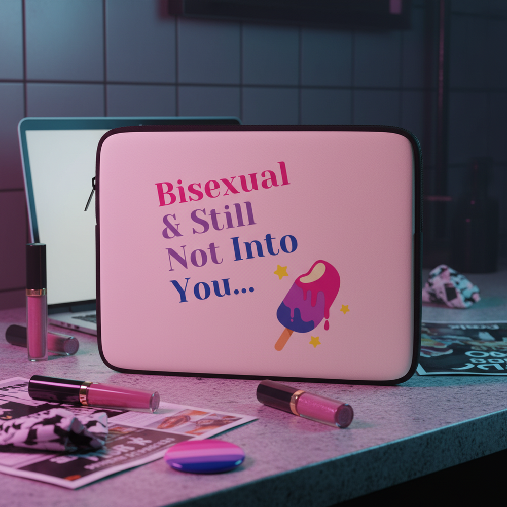 Pink laptop sleeve reading “Bisexual & Still Not Into You…” with a popsicle graphic