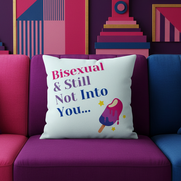 Premium pillow with “Bisexual & Still Not Into You…” text, melting ice cream, and stars on pink, blue