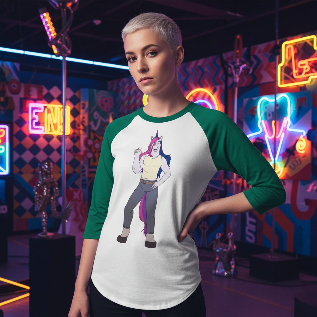 Bisexual Unicorn 3/4 sleeve raglan shirt in white and green, worn by a short-haired person