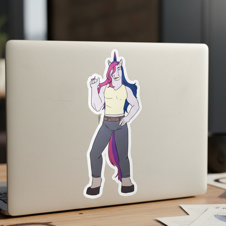 Bisexual Unicorn Bubble-Free Sticker on a laptop shows a confident cartoon unicorn with pink and blue hair, yellow shirt