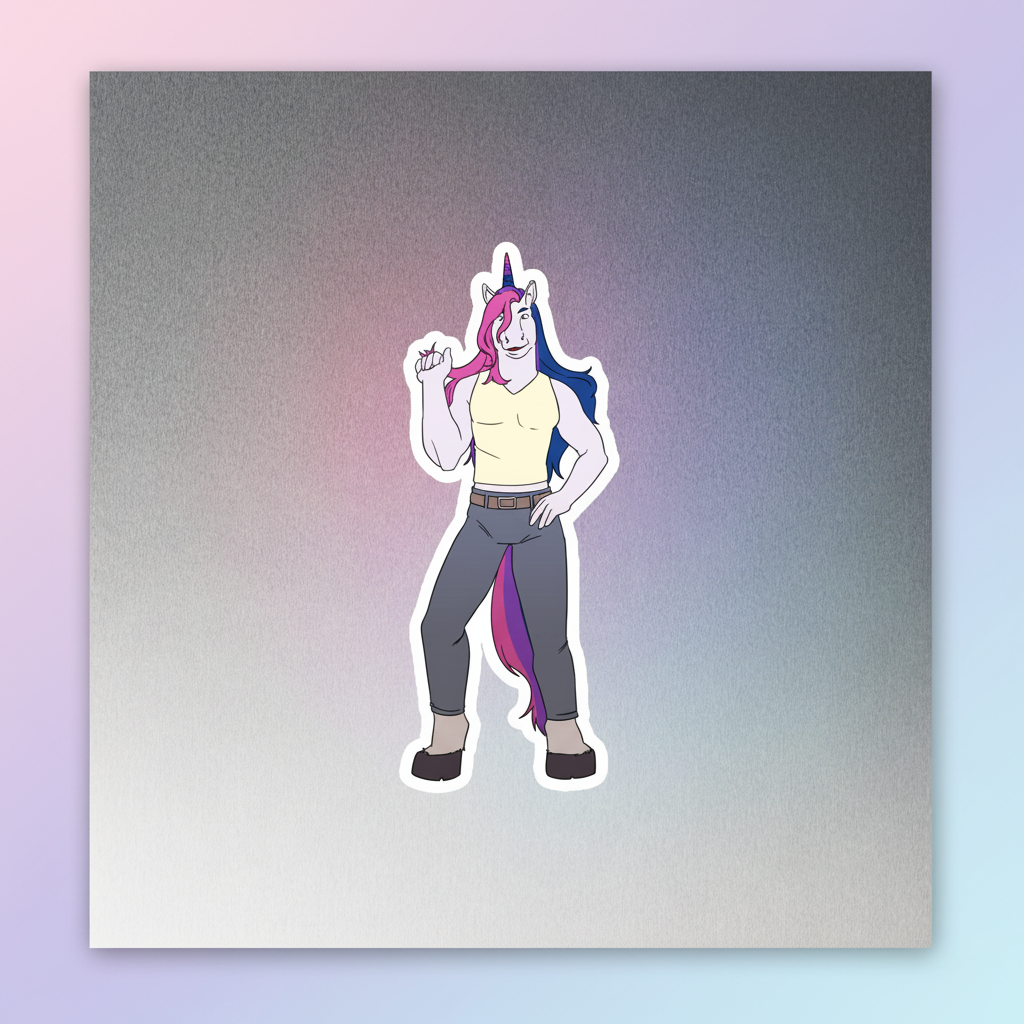 Bisexual Unicorn Magnet featuring a strong white unicorn with blue-pink mane, yellow tank top, gray pants