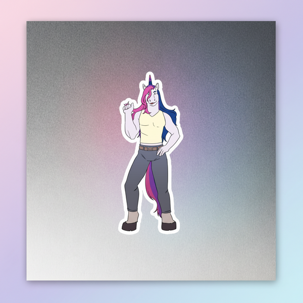 Bisexual Unicorn Magnet featuring a strong white unicorn with blue-pink mane, yellow tank top, gray pants