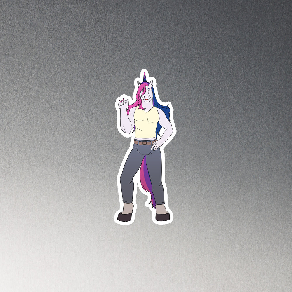 Illustrated unicorn magnet showing a muscular figure in a yellow tank top and gray pants