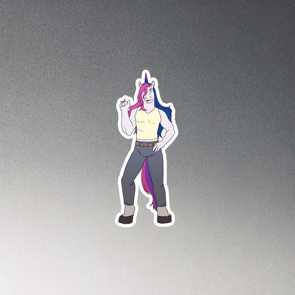 Illustrated unicorn magnet showing a muscular figure in a yellow tank top and gray pants