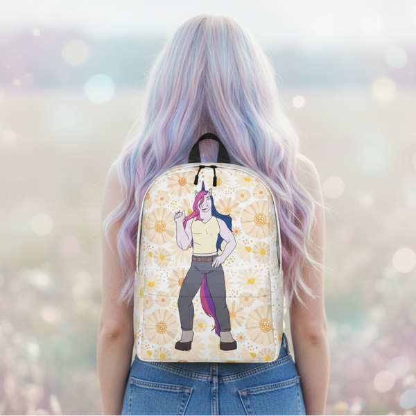 Bisexual Unicorn Minimalist Backpack with a cartoon unicorn in sunglasses and jeans