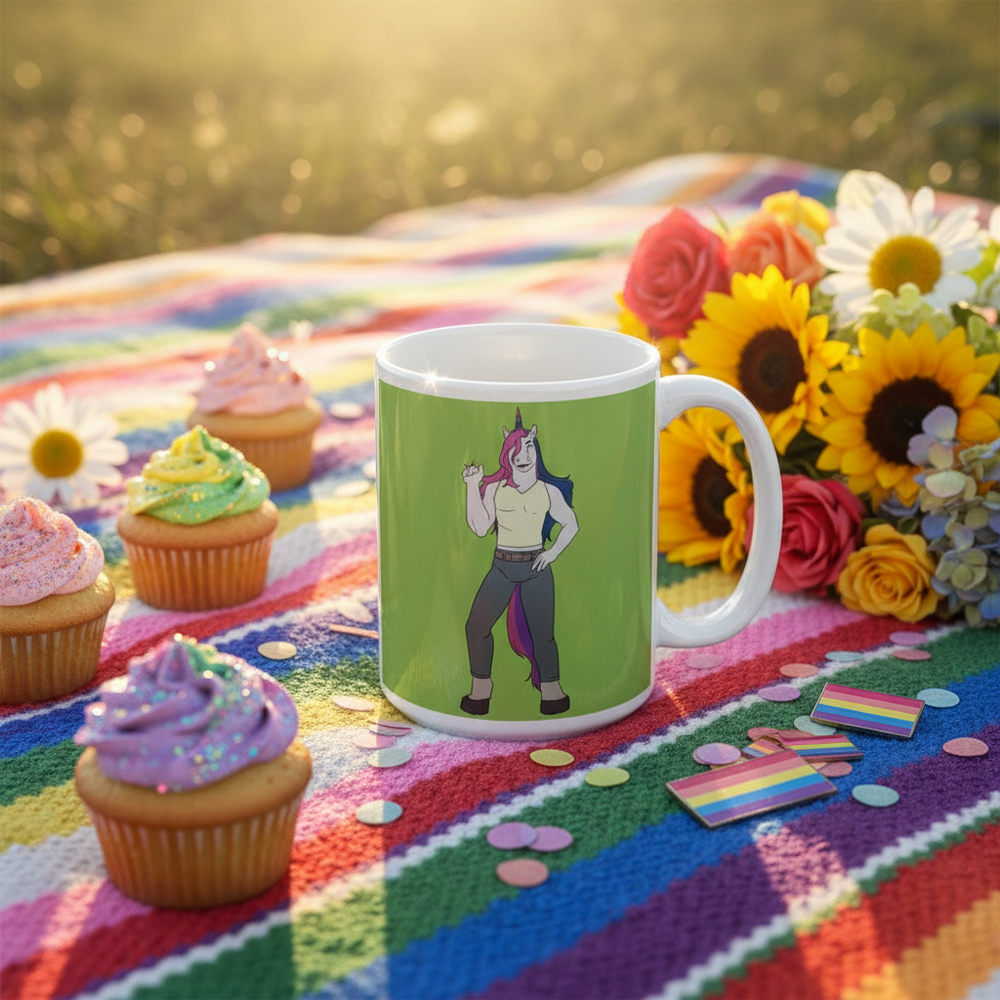 Green mug with a muscular unicorn-person illustration, shown on a rainbow picnic blanket with cupcakes and flowers