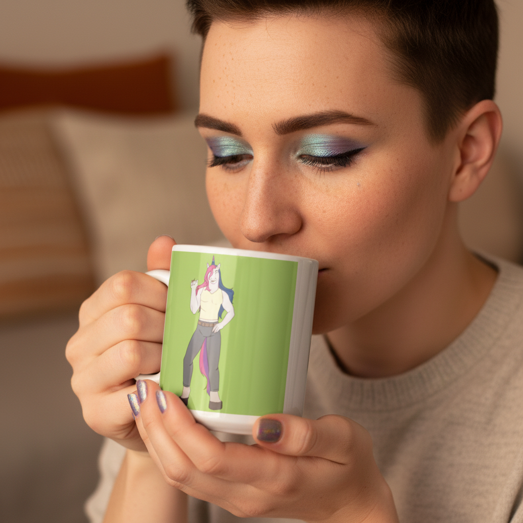 Person sipping from a green mug showing a shirtless anthropomorphic unicorn