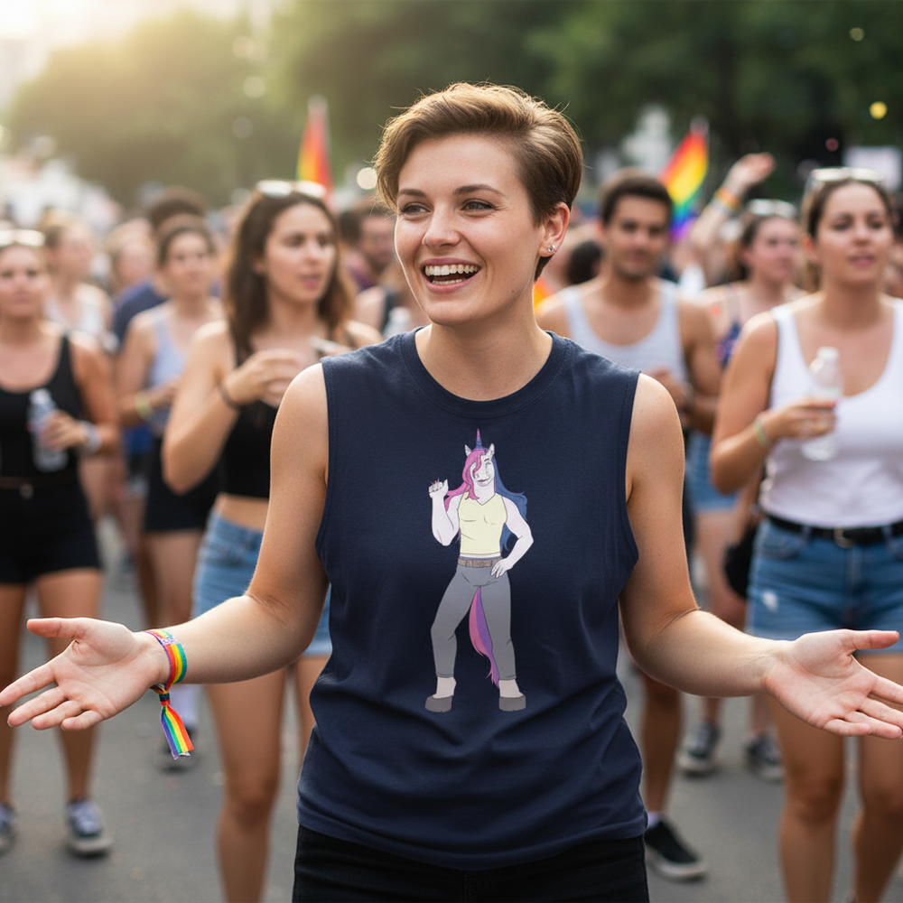 Bisexual Unicorn Muscle Top worn by a smiling short-haired person with a rainbow bracelet