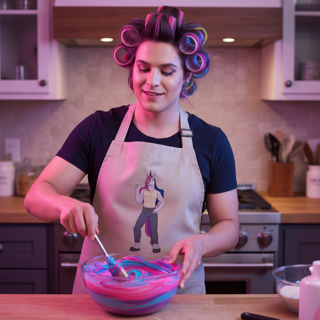 Person wearing a beige unicorn apron and stirring pink-and-blue batter in a kitchen