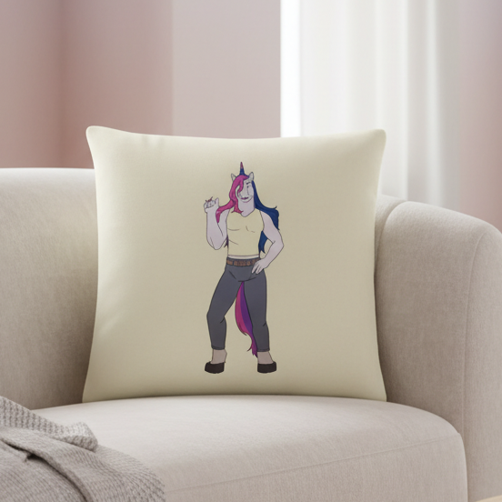 Cream throw pillow, "Bisexual Unicorn Pillow," shows a muscular unicorn with blue and pink mane