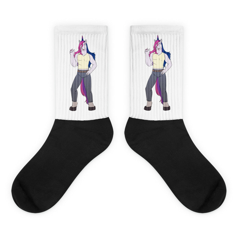 Pair of white crew socks with black feet and matching pink-and-blue-maned unicorn figures