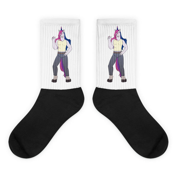 Pair of white crew socks with black feet and matching pink-and-blue-maned unicorn figures