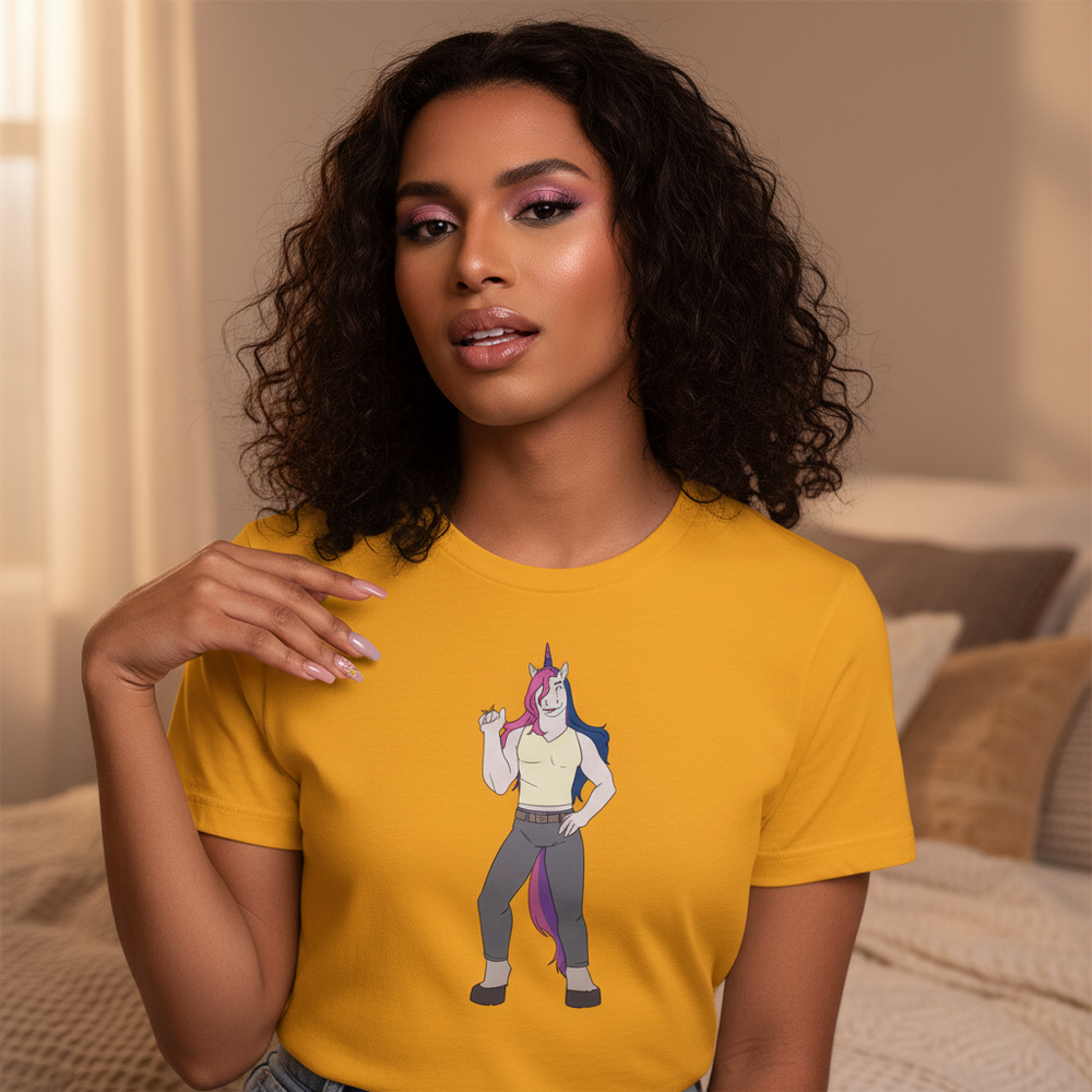 Bright yellow Bisexual Unicorn T-Shirt with a cute cartoon unicorn waving, worn by a femme with curls
