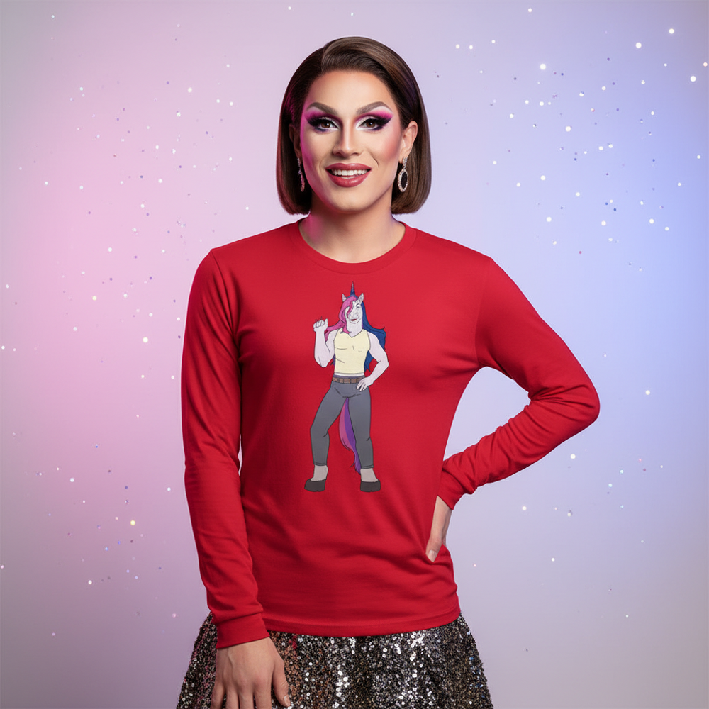 Bisexual Unicorn long sleeve tee in red with a cartoon unicorn in pants and tank, styled with silver sequin skirt