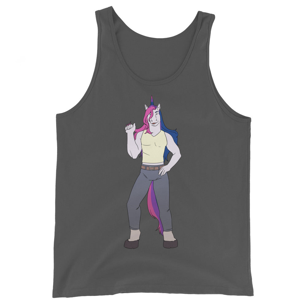 bi tank top: Bisexual Unicorn Unisex Tank Top worn by a smiling person at a pride parade, with rainbow flags, confetti