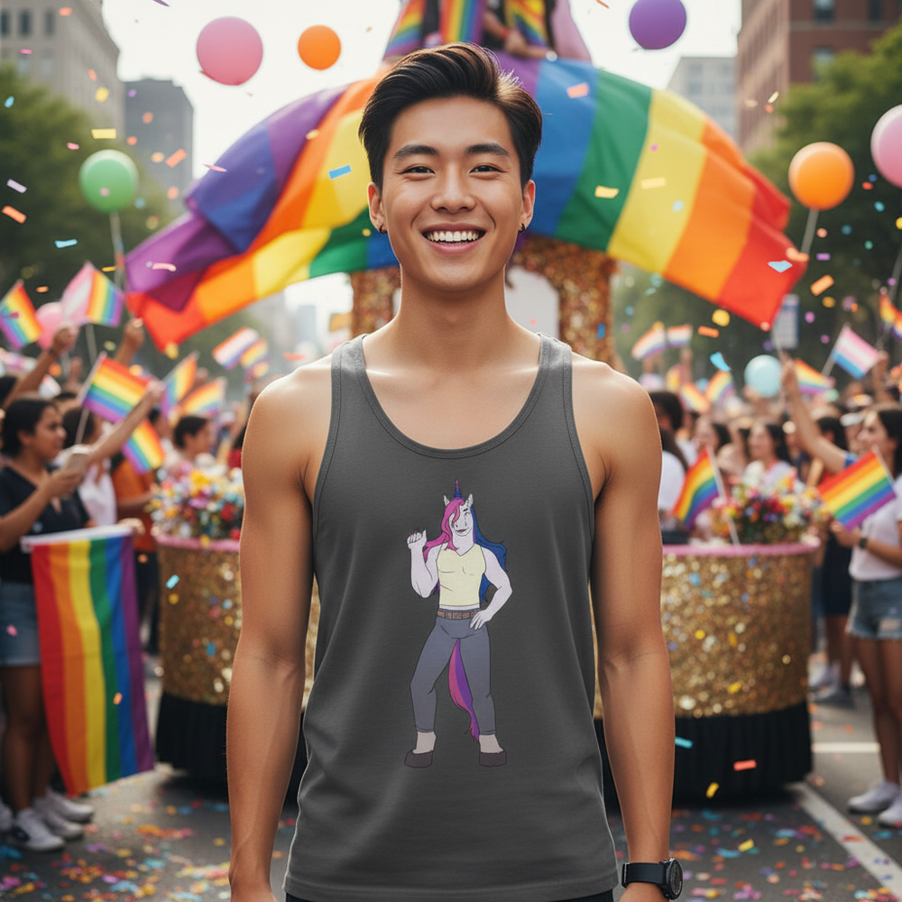 Bisexual Unicorn Unisex Tank Top worn by a smiling person at a pride parade, with rainbow flags, confetti, balloons