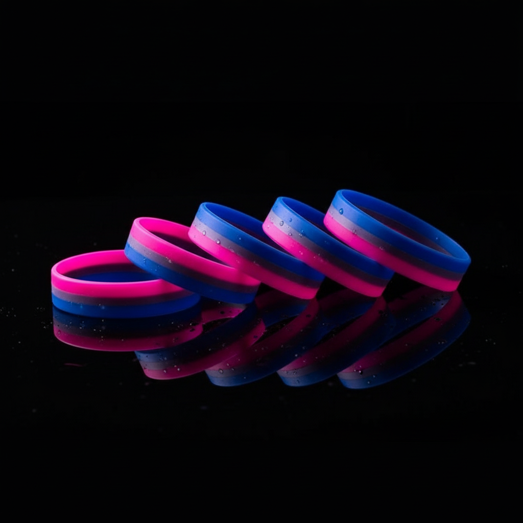 Five blue, pink, and purple bisexual pride rubber wristbands arranged on a reflective black surface