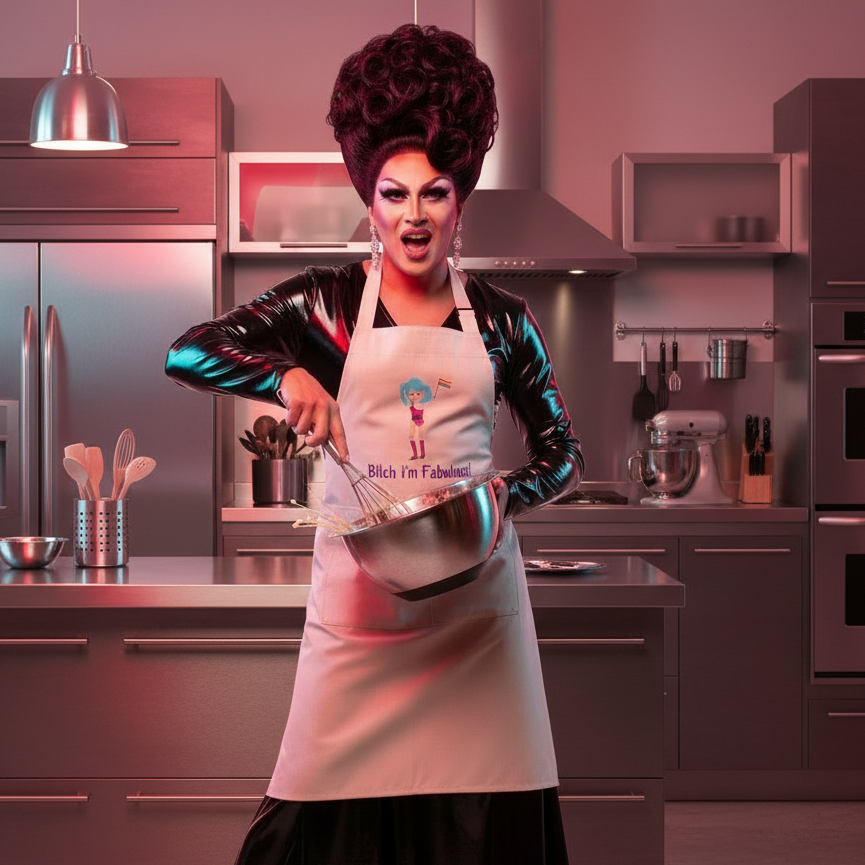 Drag performer in a white apron whisks batter in a modern kitchen; apron reads “Bitch I’m Fabulous!”