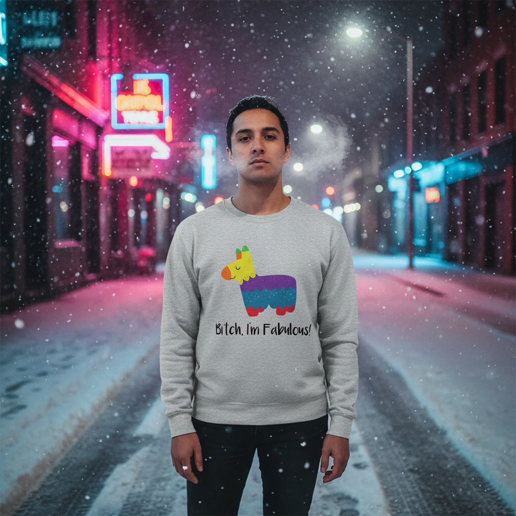 Person wearing a gray sweatshirt reading “Bitch, I’m Fabulous!” with a colorful llama graphic in a snowy neon-lit street