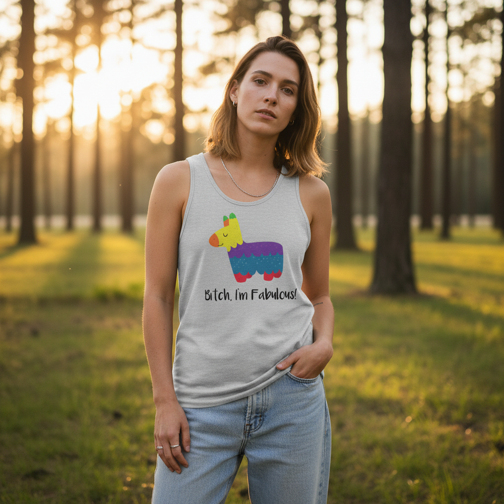Gray tank top reading “Bitch, I’m Fabulous!” with a colorful piñata graphic, modeled in a sunlit forest