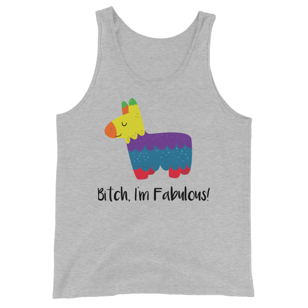 Gray tank top with a colorful llama graphic and “Bitch, I’m Fabulous!” text
