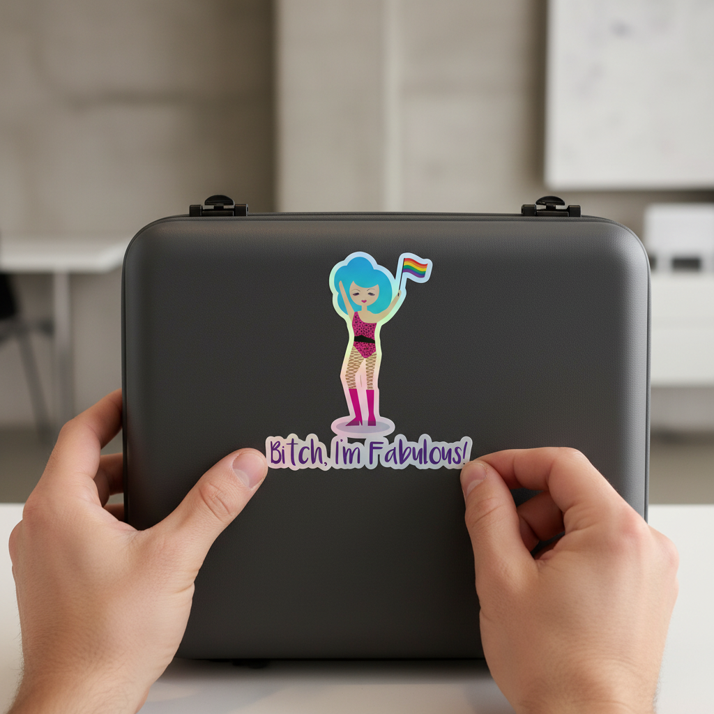 Holographic vinyl sticker reads "Bitch I'm Fabulous!" with a blue-haired drag cartoon holding a pride flag