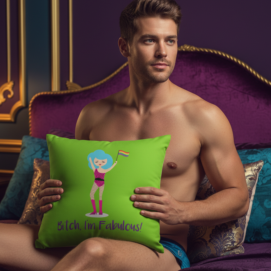 Person in blue underwear on ornate bed holds Bitch I'm Fabulous!