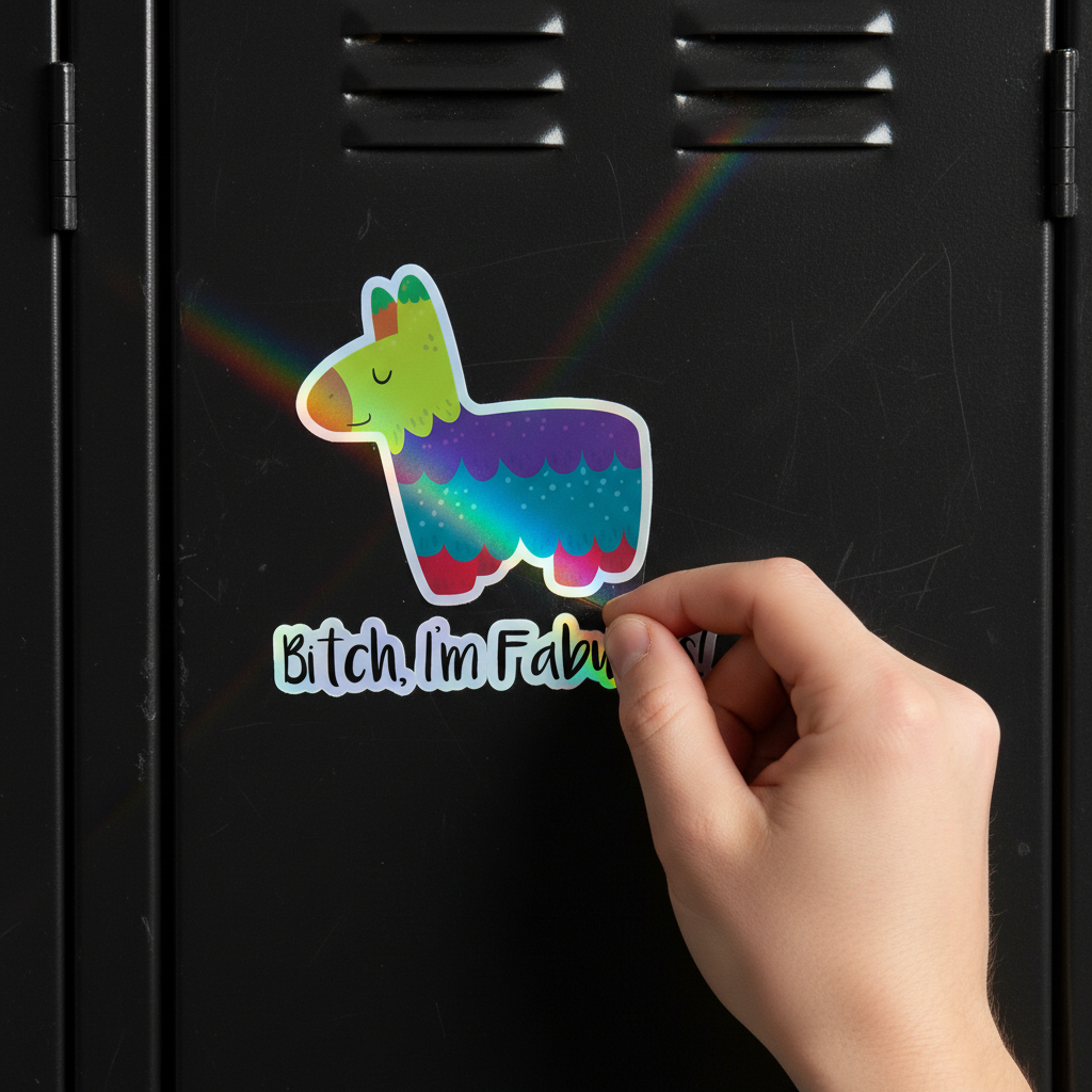Bitch Im Fabulous! holographic sticker with rainbow text and a colorful llama