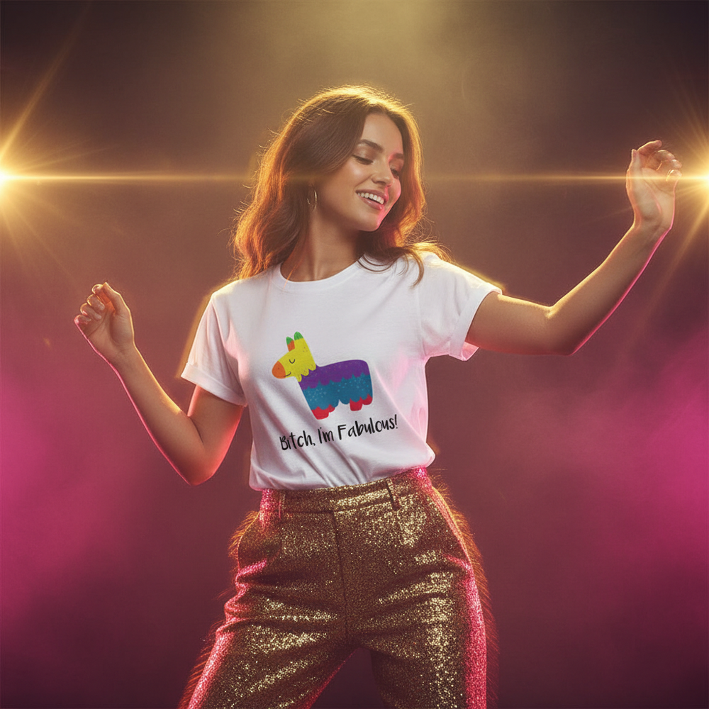 White "Bitch I'm Fabulous!" tee with a rainbow llama, glitter gold pants