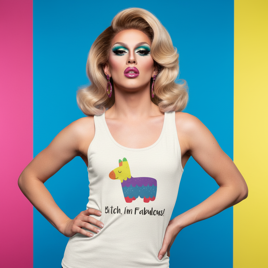 Bitch I'm Fabulous! Unisex Tank Top with a cartoon llama, worn by a drag queen before a pink, blue
