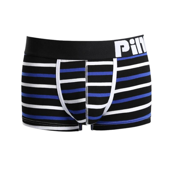 Black boxer briefs with horizontal white and blue stripes and a white waistband logo