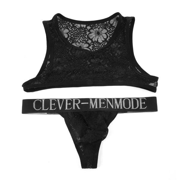 Flat lay of a black floral lace lingerie set with a thong and CLEVER-MENMODE waistband