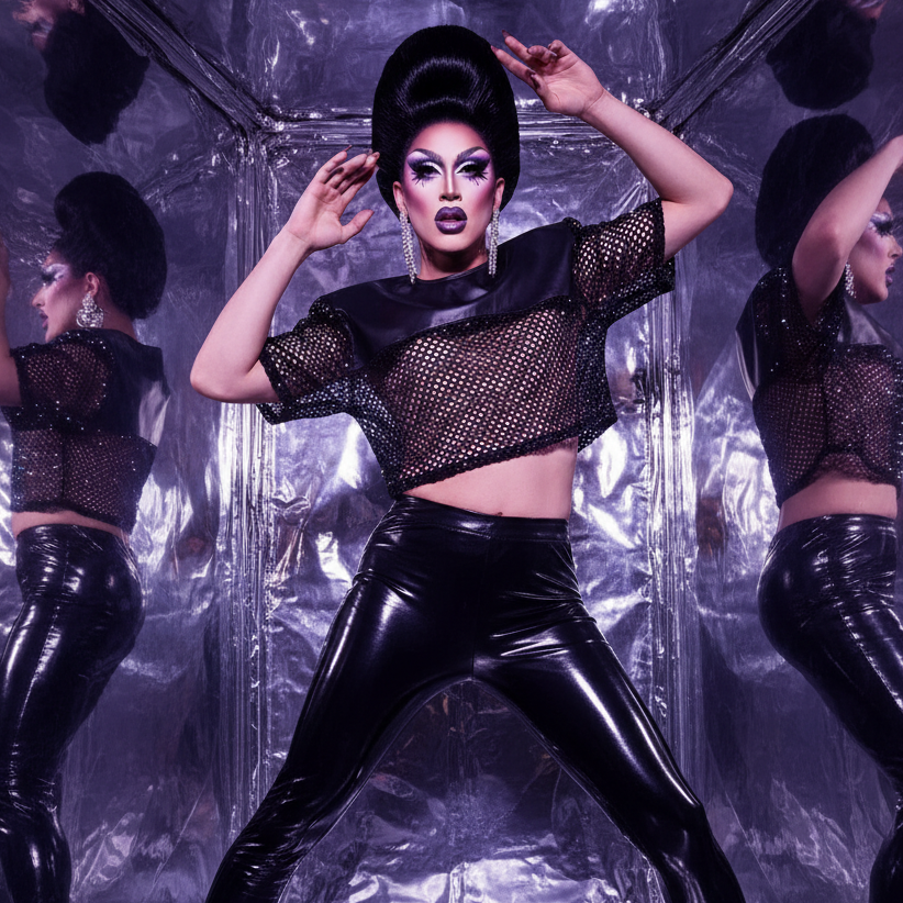 Drag performer wearing a black fishnet crop top with shiny vinyl pants