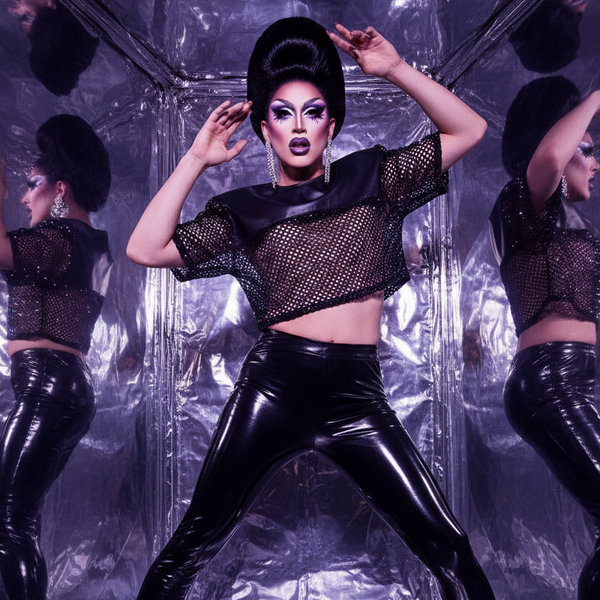 Drag performer wearing a black fishnet crop top with shiny vinyl pants