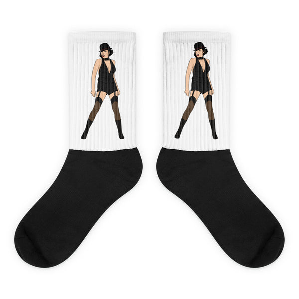 Pair of black-and-white socks with a dancer in a black cabaret outfit on each cuff