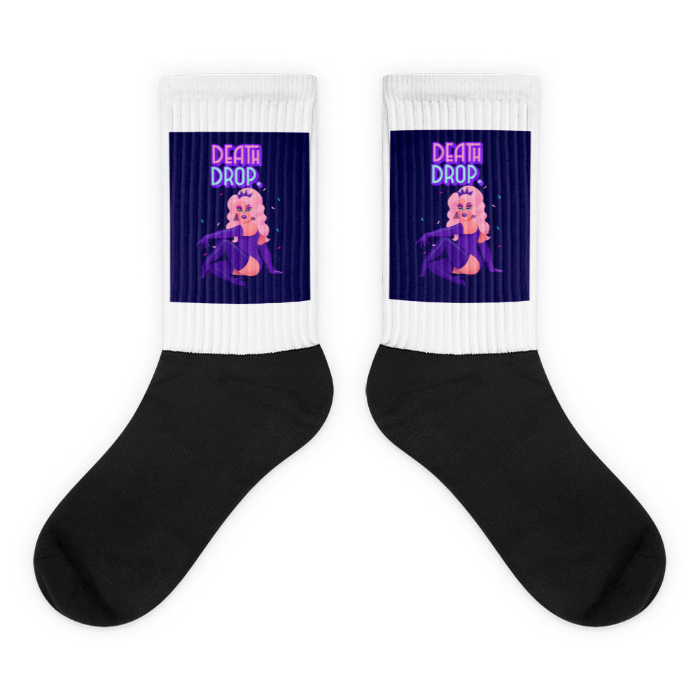 Pair of black-and-white crew socks with matching drag-queen artwork and “DEATH DROP” text