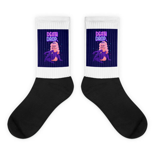 Pair of black-and-white crew socks with matching drag-queen artwork and “DEATH DROP” text