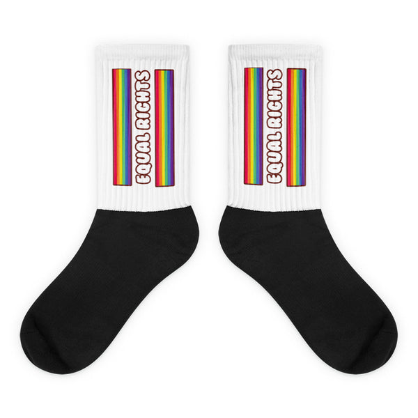 Pair of black-and-white socks with rainbow stripes and “Equal Rights” text on the cuffs