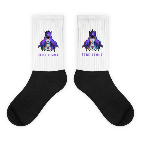 Pair of black-and-white crew socks with crowned woman graphics and “FIERCE FEMALE” text
