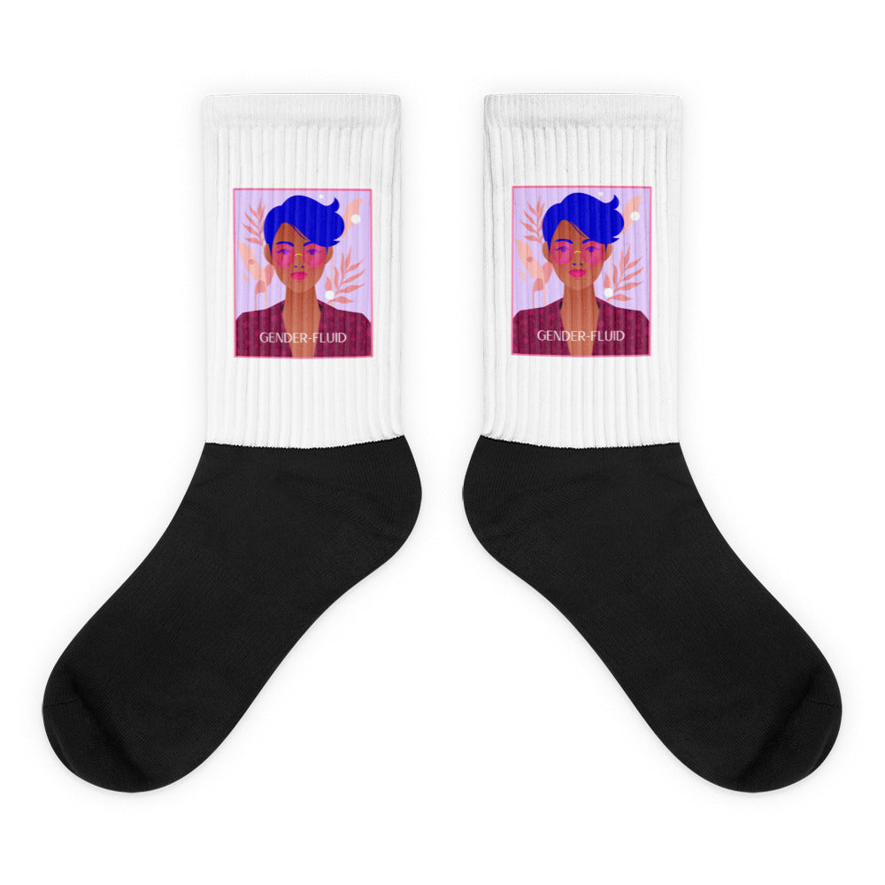 Pair of black-and-white crew socks with colorful gender-fluid portrait panels