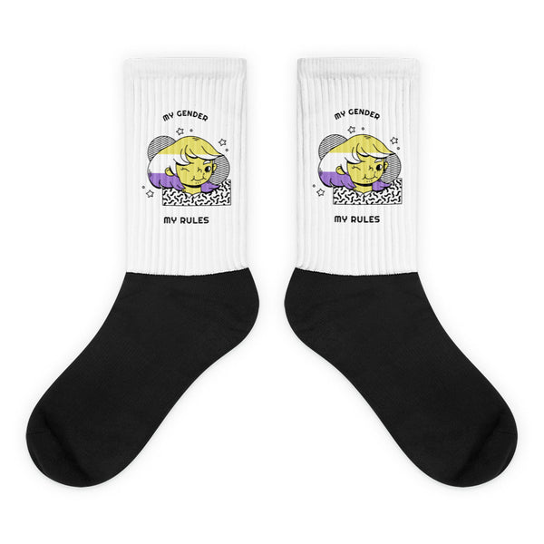 Pair of black-and-white crew socks reading “MY GENDER MY RULES” with a cartoon figure