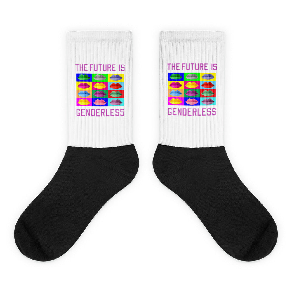 Pair of black-and-white socks with colorful lips and “THE FUTURE IS GENDERLESS” text