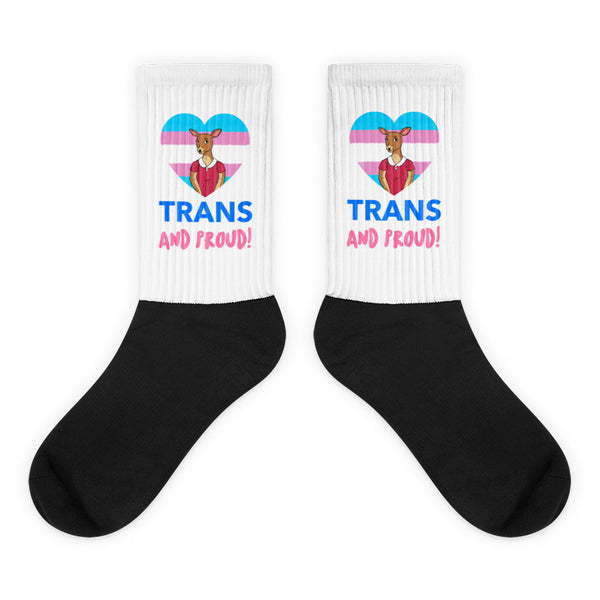 Trans And Proud Socks feature a bold design with a transgender pride heart and a stylish doe, symbolizing empowerment and visibility. These crew-length socks blend comfort with vibrant, unapologetic queer self-expression.