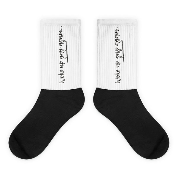 Woke Up Gay Again Socks feature a black foot and white cuff with Woke up gray again… in a handwritten font, embodying vibrant queer pride and self-expression with glamorous comfort.