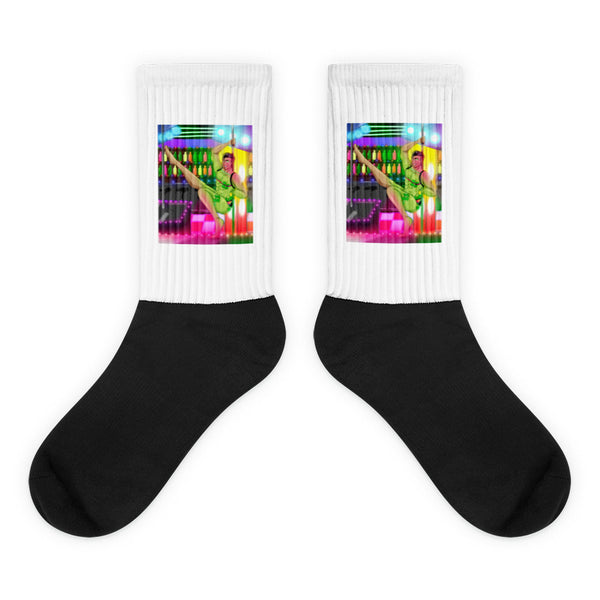 Love At A Gay Gogo Bar Socks feature a black foot and white leg with vibrant neon art of a dancer, embodying queer pride with bold, empowering self-expression.